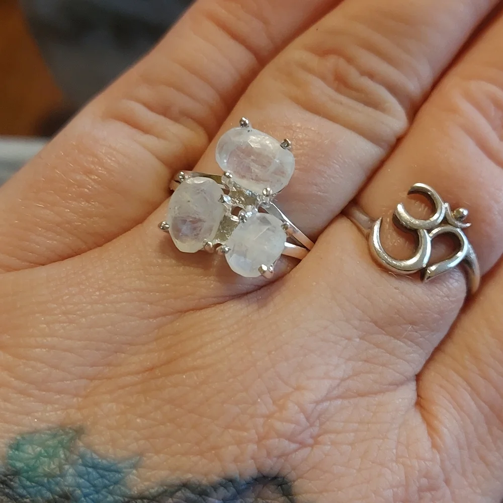 Raw Faceted Moonstone 3 Stone Ring Sterling Silver